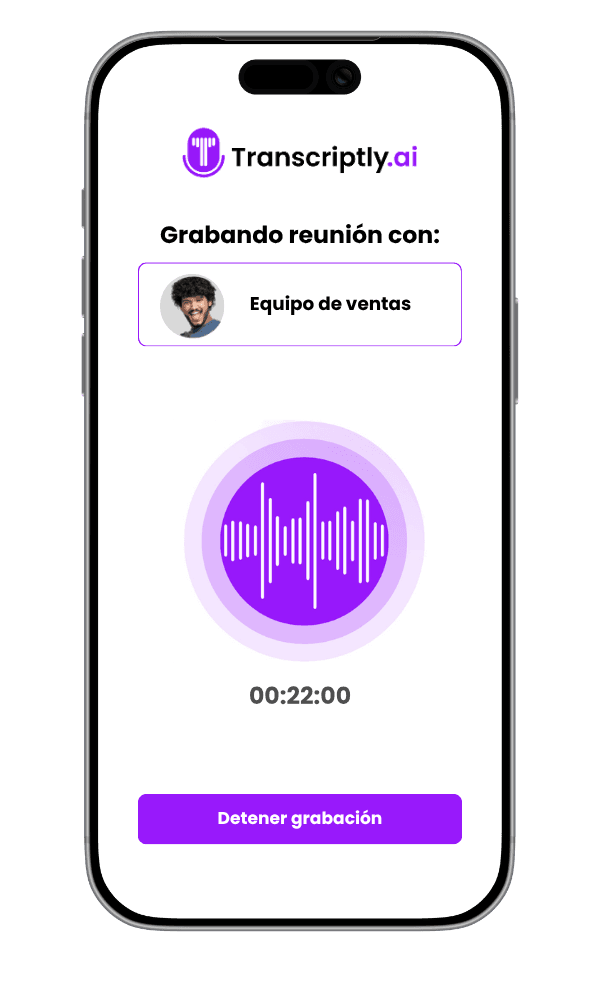 Pantalla móvil de Transcriptly grabando una reunión