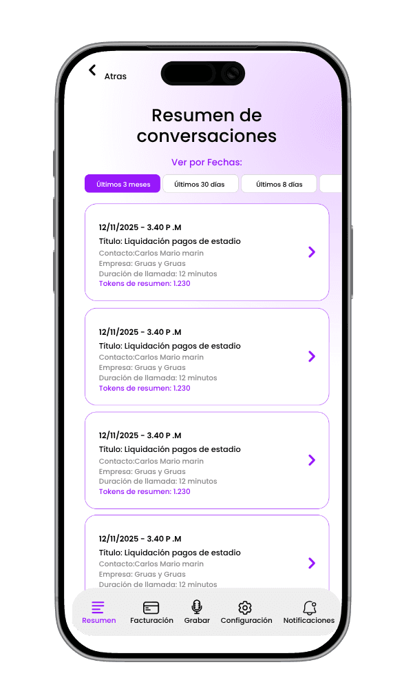 Pantalla móvil de Transcriptly mostrando resúmenes de conversaciones