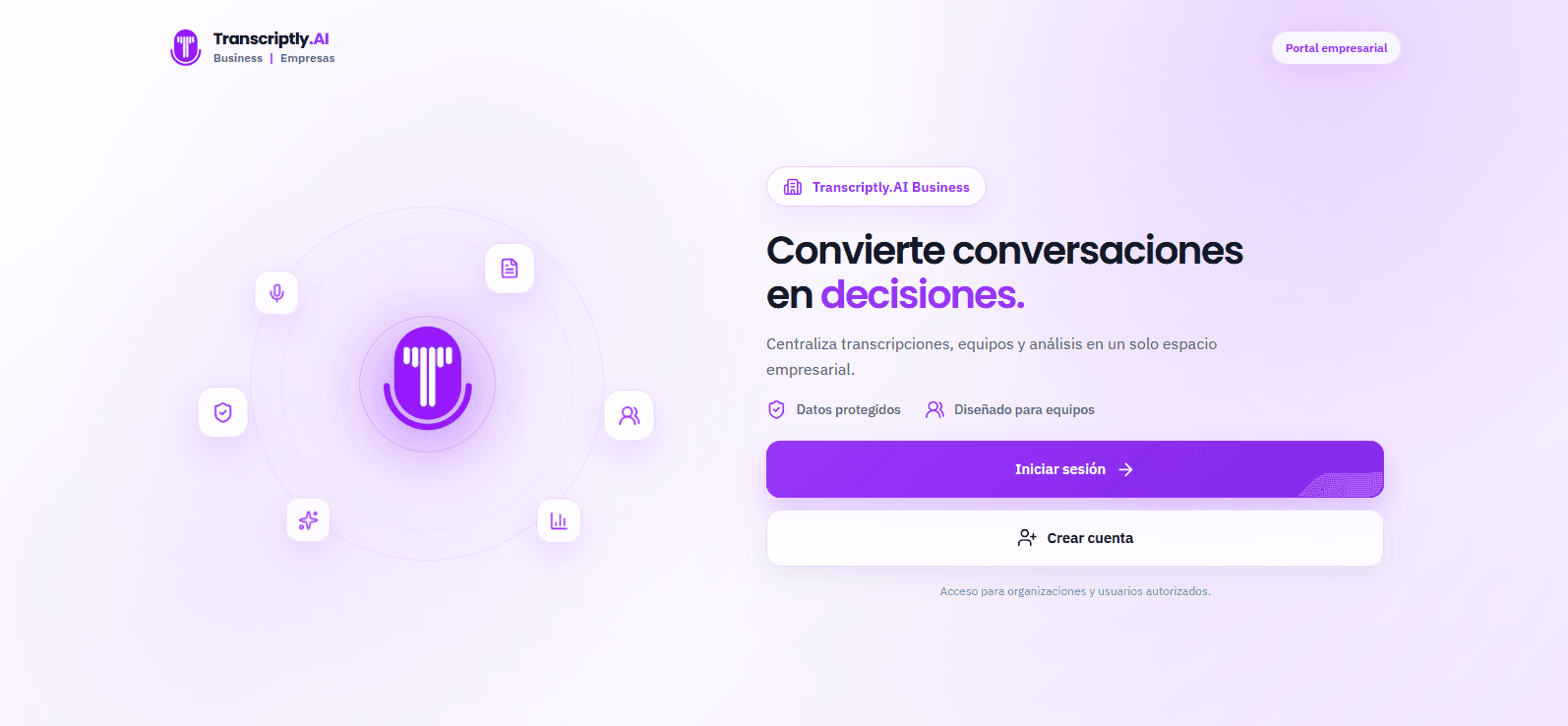 Portal empresarial de Transcriptly AI para equipos y organizaciones